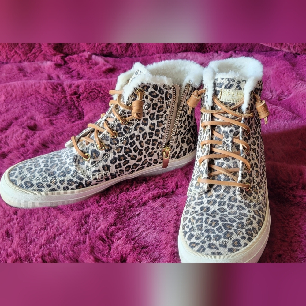Sperry Leopard Print High-Top Sneakers with Faux Fur